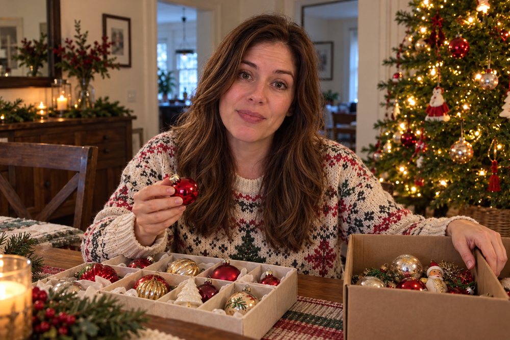 Lauren Mitchell sorting glass ornaments at her table